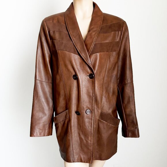 VIVA Brown Leather Jacket Made in Finland Size 44 Retro 80s Double Breasted - Picture 3 of 8